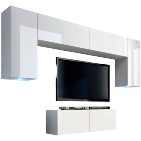 Conjunto de muebles de salón colgantes blancos colección CEPTO II 256cm, 6 puertas, 4 estantes, leds, modulares.