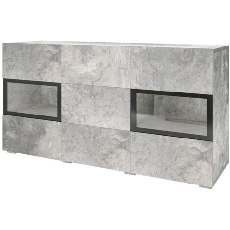 Buffet RAMOS – 2 puertas con cristales + 3 cajones – Gris efecto concreto y negro – Sin LED (1/5)