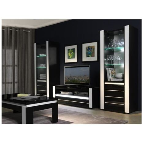 Conjunto LINA negro y blanco con vitrinas, mesa baja y mueble para TV + LED