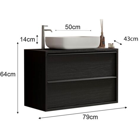 Mueble de baño suspendido FRASSI – Lavabo incluido, 2 cajones – 79 cm – Color negro ceniza (1/2)