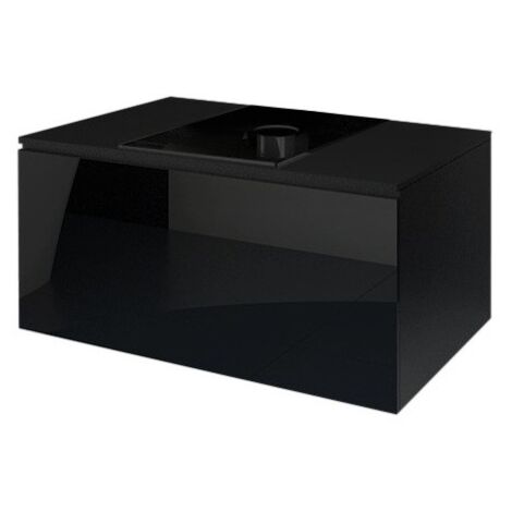 Mueble bajo lavabo suspendido colección OWL, negro mate y brillante, placa de vidrio negro, ideal para baño.