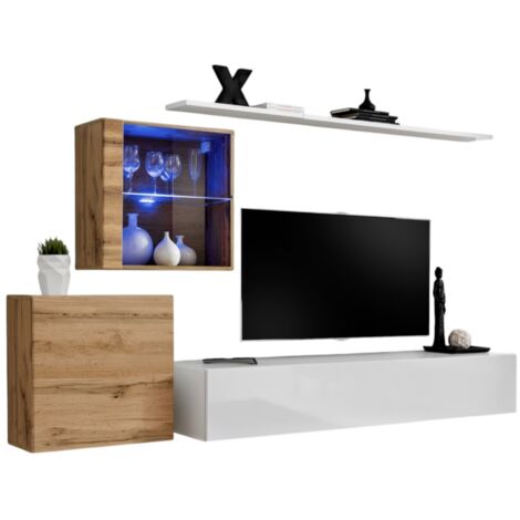 Composición mural SWITCH XV – Mueble TV, cubos colgantes y estante – Blanco brillante y roble Wotan – Diseño moderno (1/2)
