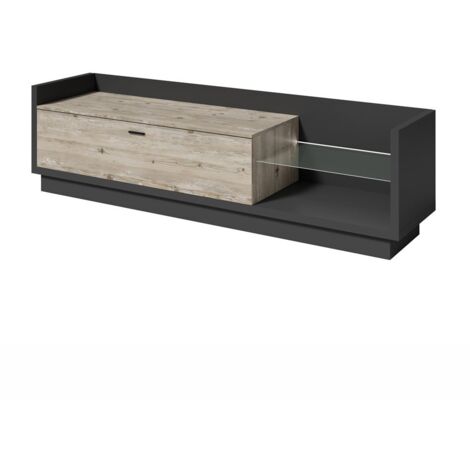 Mueble de TV CORK color gris antracita y aspecto pino - 1 cajón grande, estantes de vidrio con LED (1/5)
