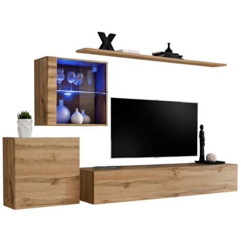 Composición mural SWITCH XV – Mueble de TV, cubos colgantes y estante – Roble Wotan – Diseño moderno (1/2)