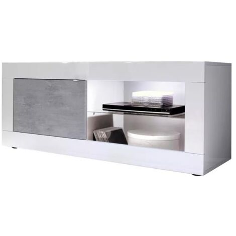 Mueble TV 1 puerta, colección ISORA, color blanco lacado brillante y gris efecto concreto (1/5)