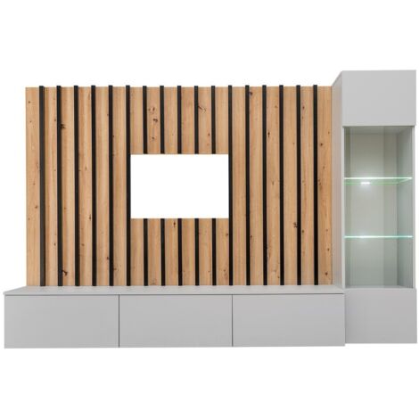 Conjunto de muebles de salón suspendidos – Colección TASHYA – Panel decorativo de pared – Roble, Gris perla y Negro
