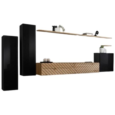 Conjunto de muebles de salón SWITCH I – Negro y Roble Wotan – Acabados efecto roble fresado – Diseño moderno (1/2)