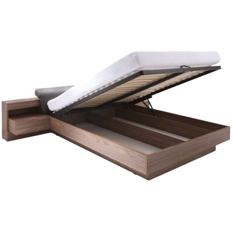 Cama con canapé RENATO 160x200 con somier y mesitas de noche con LED en color nogal