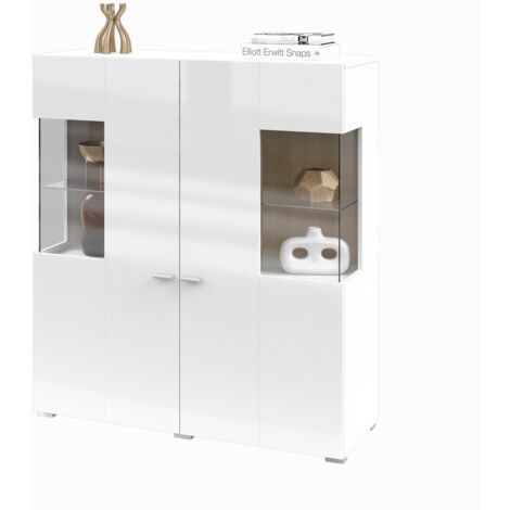 Buffet alto colección KOBEE 2 puertas con vidrio y LED integrado. Color blanco y roble. (1/5)
