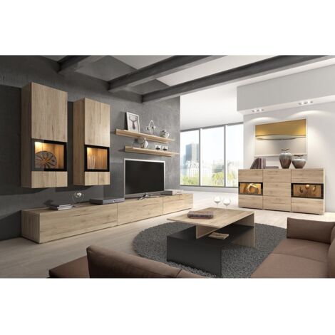 Conjunto completo de salón RAMOS - Roble - 7 muebles con LED multicolor integrado