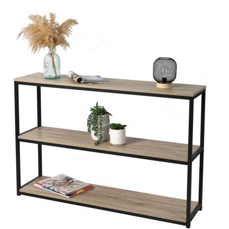 Biblioteca de 3 niveles colección RANONG – Estilo industrial, color roble y negro (1/2)