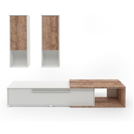 Composición de 3 muebles HARLEM - 2 muebles suspendidos y 1 mueble de TV - Blanco y Roble