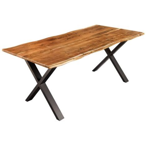 Mesa de comedor ARKAYA 180 cm – Tablero de acacia barnizado y patas cruzadas de metal negro – Diseño industrial natural (1/5)