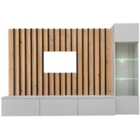 Conjunto de muebles de salón suspendidos – Colección TASHYA – Panel decorativo de pared – Roble, Gris perla y Negro