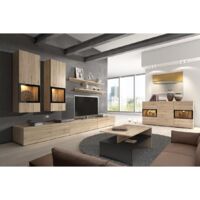 Conjunto completo de salón RAMOS - Roble - 7 muebles con LED multicolor integrado