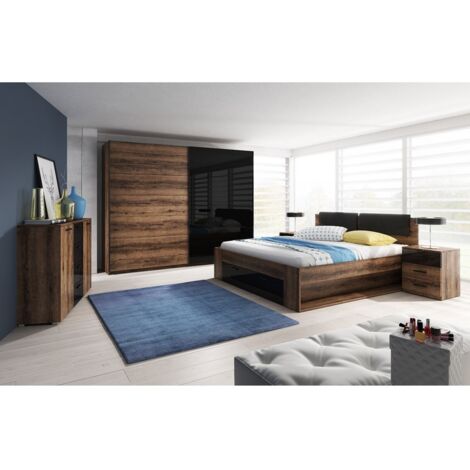 Camera da letto FLOYD: Armadio 220cm, Letto 180x200, cassettiera, comodini. Colore rovere scuro e nero lucido.