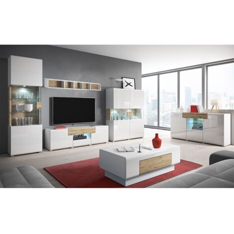 Set completo di 6 mobili da salotto collezione OHIO. Color bianco e effetto quercia.