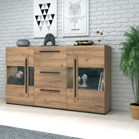 Buffet 180cm collezione BREDA due porte parzialmente vetrate e tre cassetti. Colori Rovere (1/4)