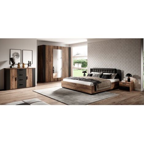Camera completa FOX – Letto contenitore 180x200, doghe incluse, Armadio, Comò, Comodini – Rovere scuro