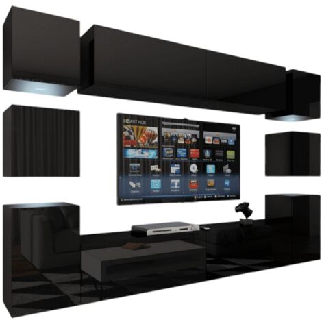 Set di mobili da soggiorno neri sospesi collezione CEPTO XIV. 256cm, 10 mobili, 10 porte, led. (1/5)