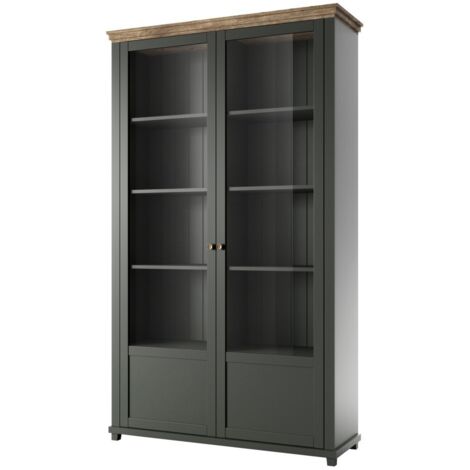 Vetrina larga a 2 porte con LED integrati collezione ASSIA. Colore verde e quercia. (1/5)