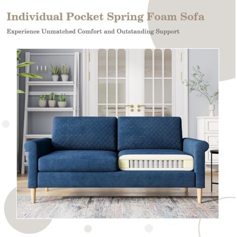 Divano moderno a 2 posti in velluto, imbottito con tasca portaoggetti, gambe in legno massello, 164 x 76 x 85 cm - Blu