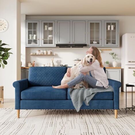 Divano moderno a 2 posti in velluto, imbottito con tasca portaoggetti, gambe in legno massello, 164 x 76 x 85 cm - Blu