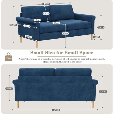 Divano moderno a 2 posti in velluto, imbottito con tasca portaoggetti, gambe in legno massello, 164 x 76 x 85 cm - Blu