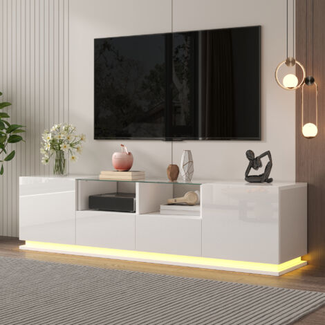 Mobile TV Moderno Bianco Lucido Con Effetto Legno E Ripiani In Vetro, 180 Cm - Per Soggiorno Elegante E Funzionale