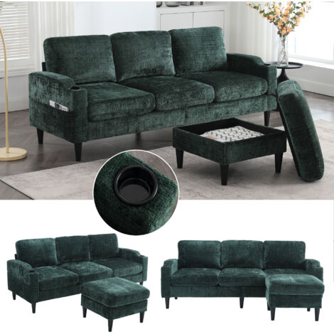 Elegante divano a posti in tessuto ciniglia con pouf e vano