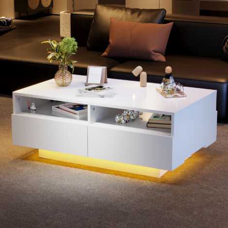 Tavolino Moderno Quadrato Con 3 Cassetti E Luci LED RGB - Superficie Effetto Marmo Lucido - Mobile Soggiorno Con Illuminazione Personalizzabile (100x50x34,5 Cm, Bianco)