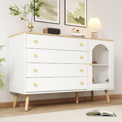 Credenza Lucida Con 2 Ante In Vetro E Ripiani - LED - Per Cucina E Soggiorno Pannelli Di Particelle Di Legno Bianco