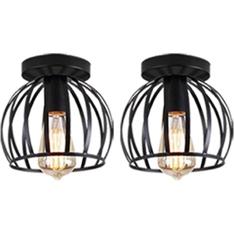 Lot de 2 Vintage Plafonnier Industrielle Design forme Cage 20cm Noir, Lampe de Plafond en Métal Fer Luminaire pour Salon Chambre Salle à manger (sans led ampoule)