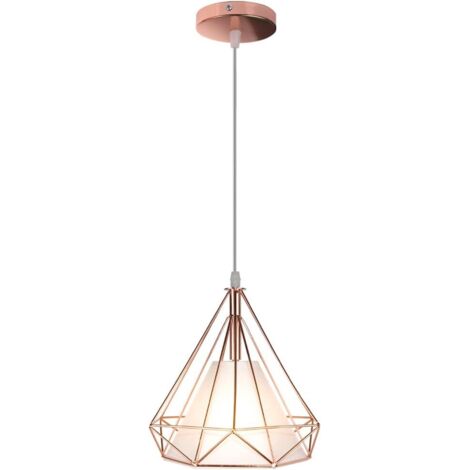 STOEX Vintage suspension luminaire industrielle cage forme diamant 25cm E27 rétro lustre abat jours corde ajustable - Or rose (1/5)