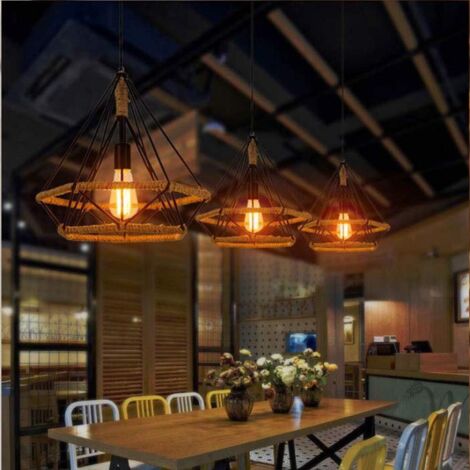 Lustre Suspension Industrielle 25cm En Forme Diamant 3 Douille E27 Luminaire Corde De Chanvre Ajustable Pour Salle A Manger Bar Chambre 91146493