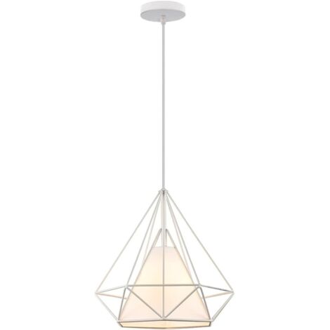 STOEX Vintage suspension luminaire industrielle cage forme diamant 25cm E27 rétro lustre abat jours corde ajustable - Blanc (1/5)