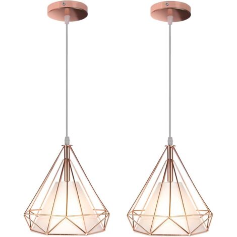 STOEX Lot de 2 vintage suspension luminaire industrielle cage forme diamant 25cm E27 rétro lustre abat jours corde ajustable - Or rose