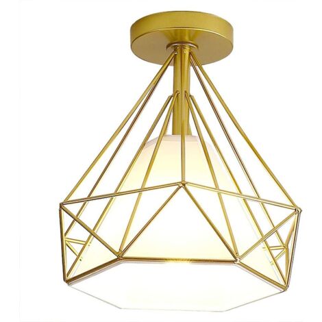 Retro Plafonnier Industrielle Cage en forme Diamant en Métal Fer Lustre Suspension Luminaire pour Salon Salle Chambre Décorer Maison Cuisine Or (1/5)