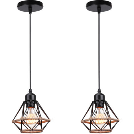Lot de 2 Lustre Suspension Industriel Vintage Interieur Cage en forme Diamant en Métal avec Corde de Chanvre Fer Plafonnier Luminaire pour Salon Salle Chambre Déco, Noir