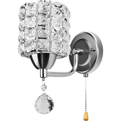 Moderne Applique Murale en Cristal avec Interrupteur à Tirette, Argenté Lampe Murale  Chambre à Coucher, allée, prise E14 (Sans Ampoule Incluse)