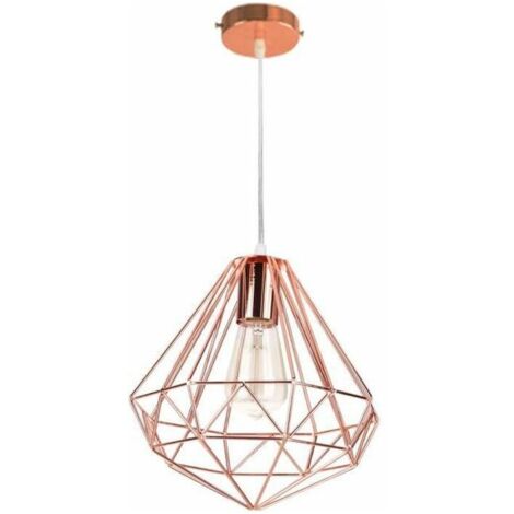 Stoex – Suspension industrielle métal abat-jour contemporain forme diamant D26cm H27cm – Finition or rose – Corde ajustable 100cm – Type E27