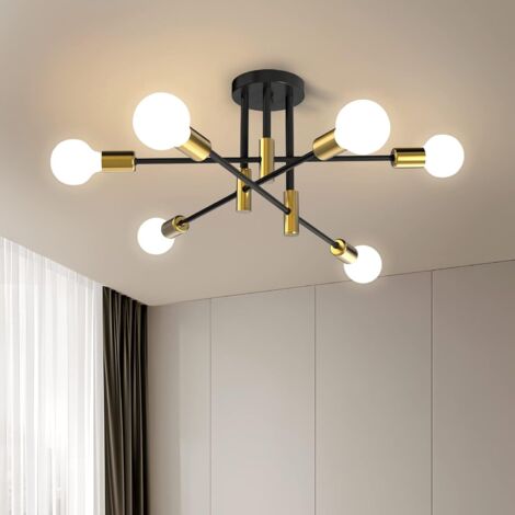 Moderne Plafonnier Industriel Vintage, E27 Lampe de Plafond avec 6-Lumières, Lustre Luminaire en Métal pour Salon, Chambre, Cuisine, Bar, Café, Noir et or (Sans ampoules) (1/5)