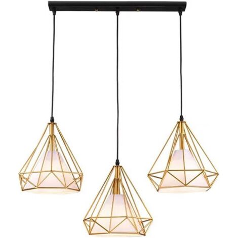 Suspension industrielle rétro luminaire lustre abat-jour filaire lampe cage forme diamant doré pour chambre salon cuisine bar - 3 lampe support barre (1/5)