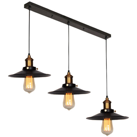 Stoex – Suspension industrielle vintage luminaire abat-jour 22cm – Lustre en métal noir – Corde ajustable 100cm – Culot E27 pour 3 ampoules