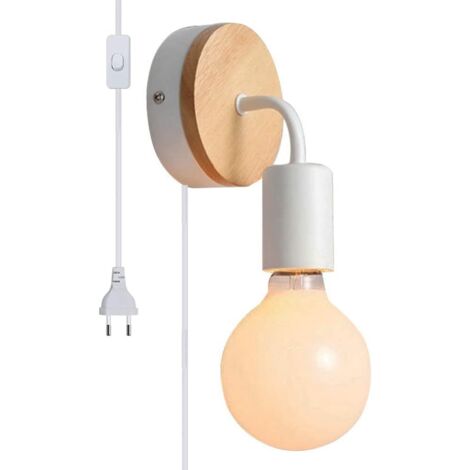 Applique murale design rétro industriel avec interrupteur 1.8M corde, Lampe de mural en bois et métal douille E27 éclairage salon chambre,Blanc (1/5)