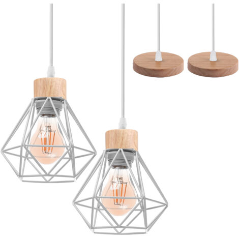 Lot de 2 Lustre Suspension Industriel Vintage Interieur, Stoex Lampe de Plafond en Bois et Métal Douille E27 Cage Diamant Rétro pour Salon, Chambre, Cuisine,Restaurant, E27, Blanc