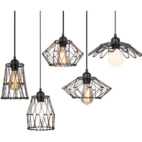 Stoex – Lustre suspension industrielle E27 noir – Abat-jour cage modifiable – Corde ajustable 100cm – Pour cuisine, salon, restaurant, bar