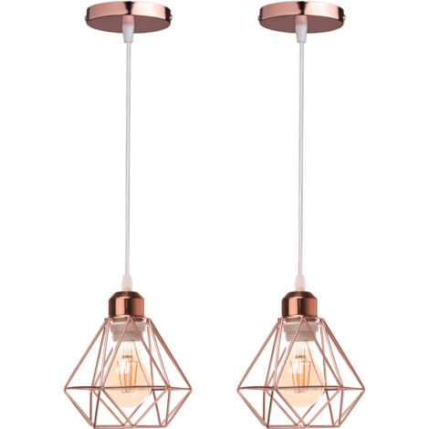 Lot de 2 Lustre Suspension Industriel en Métal, Stoex Luminaire Style Vintage Design forme Cage Diamant Rétro pour Salon Chambre Salle à manger (sans ampoule) - Or rose (1/5)