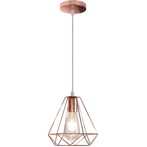 Lampe Suspension Cage forme Diamant Contemporain Lustre Abat-jour Or rose pour Salon Cuisine Salle à Manger (1/5)