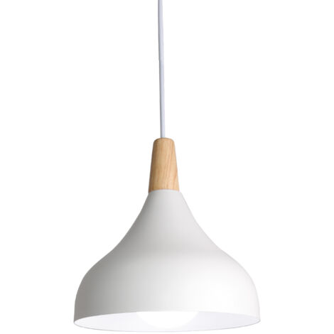 Lampe à suspension en métal rond simple et moderne nordique , Plafonnier E27 Iuminaires finition bois pour salon cuisine chambre à coucher (Blanc) (1/3)